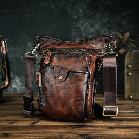 Genuine Leather Men Design Casual Brown Classic Shoulder Sling Bag Fashion Travel Fanny Waist Belt Pack Leg Bag