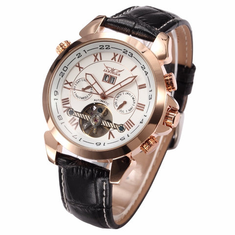 JARAGAR Fashion Casual Tourbillon Wrap Mens Watches Date Day Automatic Watch Rose Gold Case Calendar Male Clock Mechanical Watch