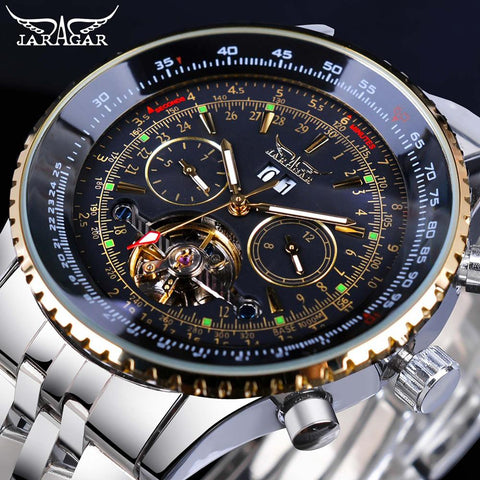 Jaragar Flying Series Golden Bezel Scale Dial Design Stainless Steel Mens Watch Top Brand Luxury Automatic Mechanical Watch