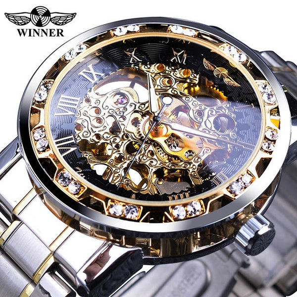 Winner Golden Watches Classic Rhinestone Clock Roman Analog Male Skeleton Clocks Mechanical Stainless Steel Band Luminous Watch