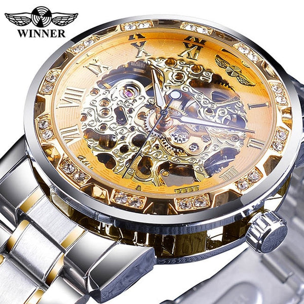 Winner Golden Watches Classic Rhinestone Clock Roman Analog Male Skeleton Clocks Mechanical Stainless Steel Band Luminous Watch