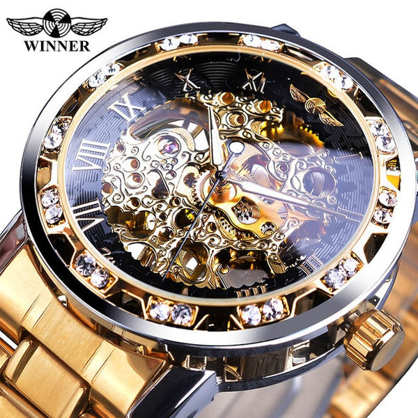 Winner Golden Watches Classic Rhinestone Clock Roman Analog Male Skeleton Clocks Mechanical Stainless Steel Band Luminous Watch