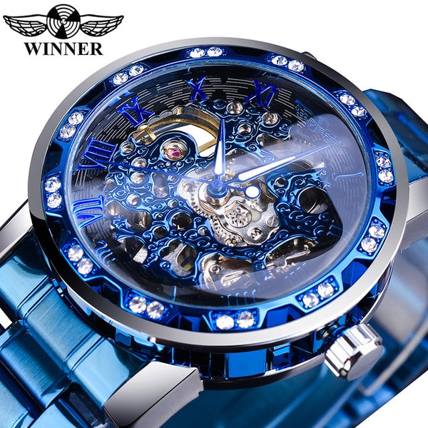 Winner Golden Watches Classic Rhinestone Clock Roman Analog Male Skeleton Clocks Mechanical Stainless Steel Band Luminous Watch