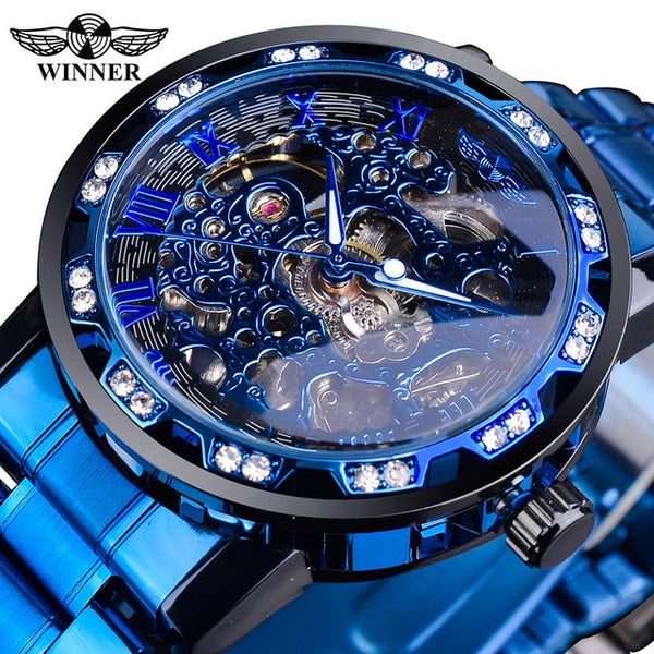 Winner Golden Watches Classic Rhinestone Clock Roman Analog Male Skeleton Clocks Mechanical Stainless Steel Band Luminous Watch