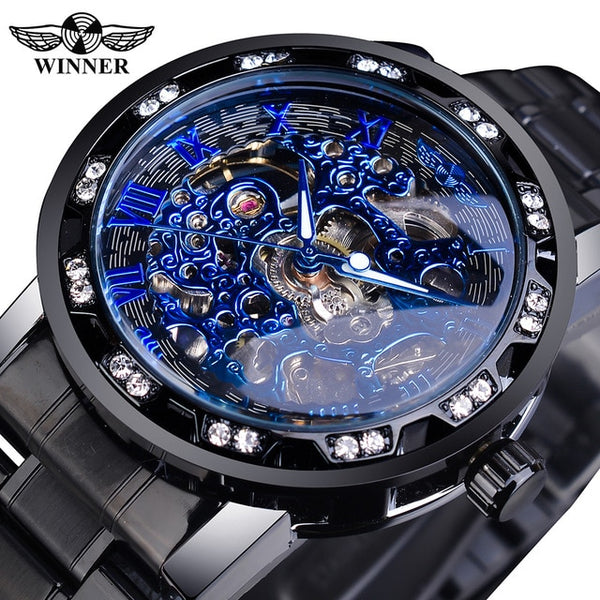 Winner Golden Watches Classic Rhinestone Clock Roman Analog Male Skeleton Clocks Mechanical Stainless Steel Band Luminous Watch