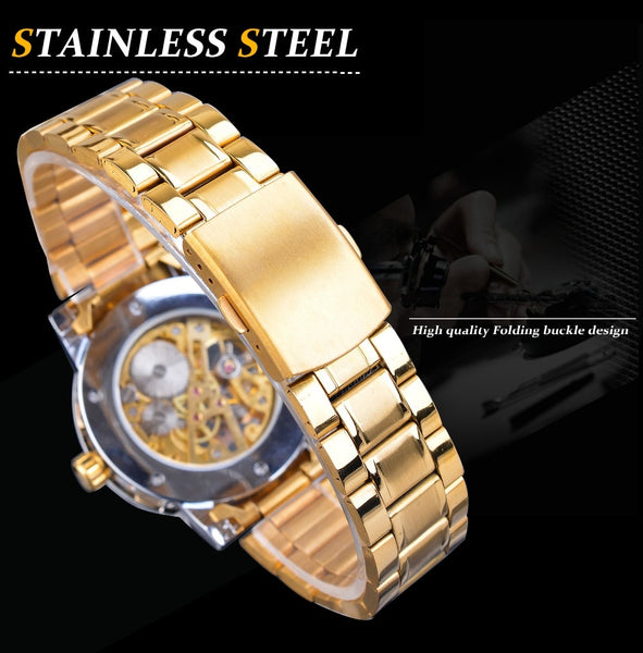 Winner Golden Watches Classic Rhinestone Clock Roman Analog Male Skeleton Clocks Mechanical Stainless Steel Band Luminous Watch