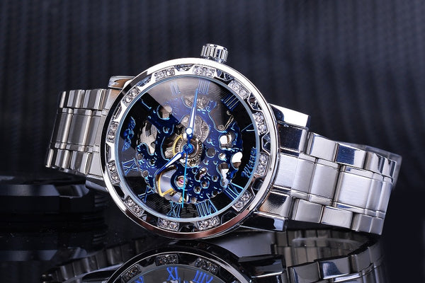 Winner Golden Watches Classic Rhinestone Clock Roman Analog Male Skeleton Clocks Mechanical Stainless Steel Band Luminous Watch