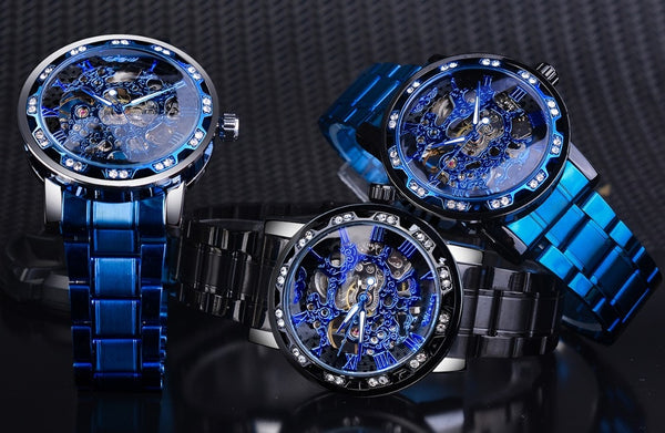 Winner Golden Watches Classic Rhinestone Clock Roman Analog Male Skeleton Clocks Mechanical Stainless Steel Band Luminous Watch