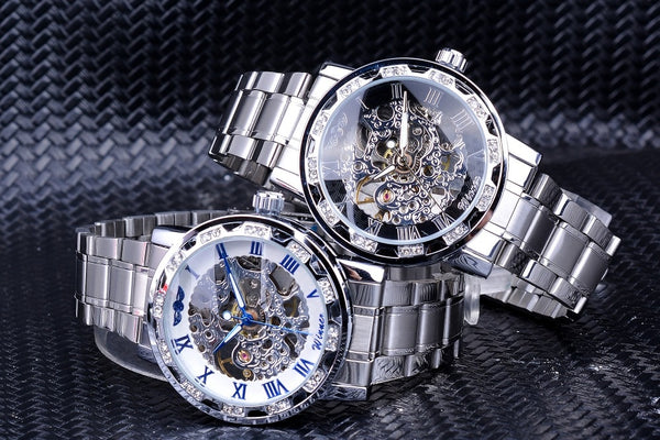 Winner Golden Watches Classic Rhinestone Clock Roman Analog Male Skeleton Clocks Mechanical Stainless Steel Band Luminous Watch