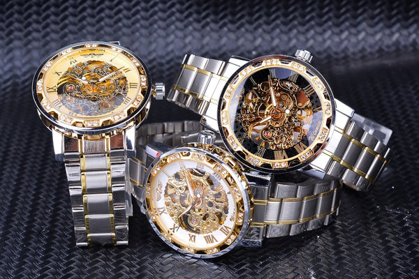 Winner Golden Watches Classic Rhinestone Clock Roman Analog Male Skeleton Clocks Mechanical Stainless Steel Band Luminous Watch