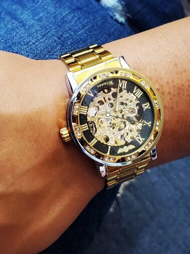 Winner Golden Watches Classic Rhinestone Clock Roman Analog Male Skeleton Clocks Mechanical Stainless Steel Band Luminous Watch